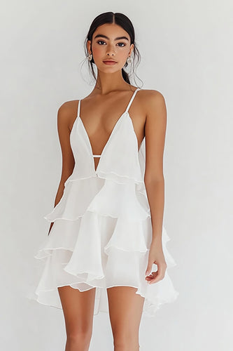 White Chiffon V Neck Short A Line Graduation Dress with Ruffles