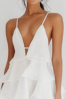 Load image into Gallery viewer, White Chiffon V Neck Short A Line Graduation Dress with Ruffles