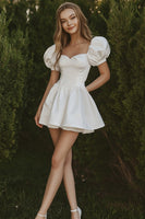 Load image into Gallery viewer, White Sweetheart Short A Line Graduation Dress with Puff Sleeves