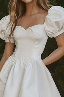 Load image into Gallery viewer, White Sweetheart Short A Line Graduation Dress with Puff Sleeves