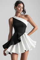 Load image into Gallery viewer, Black and White Satin One Shoulder A Line Short Cocktail Dress