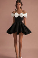 Load image into Gallery viewer, Black and White Satin Short A Line Cocktail Dress with Bow