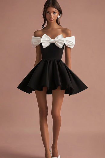 Black and White Satin Short A Line Cocktail Dress with Bow