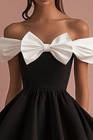 Load image into Gallery viewer, Black and White Satin Short A Line Cocktail Dress with Bow