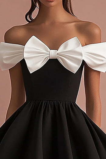 Black and White Satin Short A Line Cocktail Dress with Bow