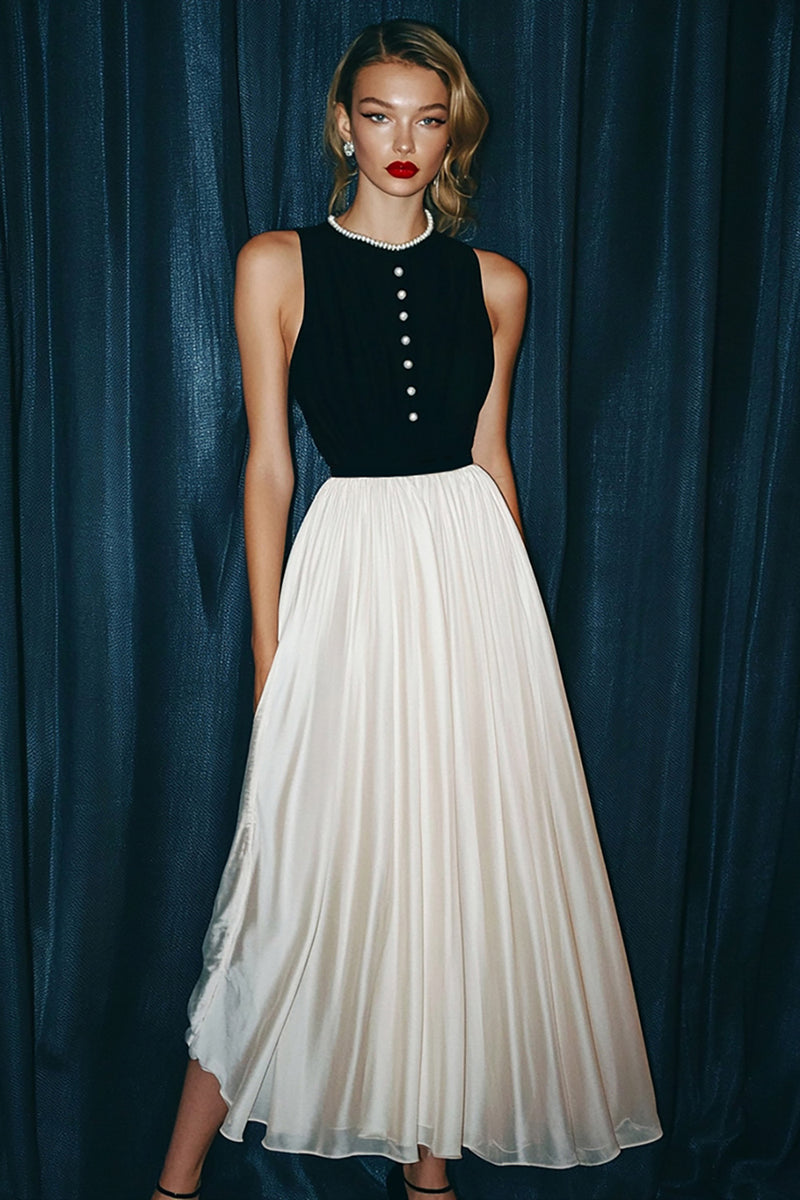 Load image into Gallery viewer, Vintage Black and White Chiffon Long Round Neck A Line Formal Dress