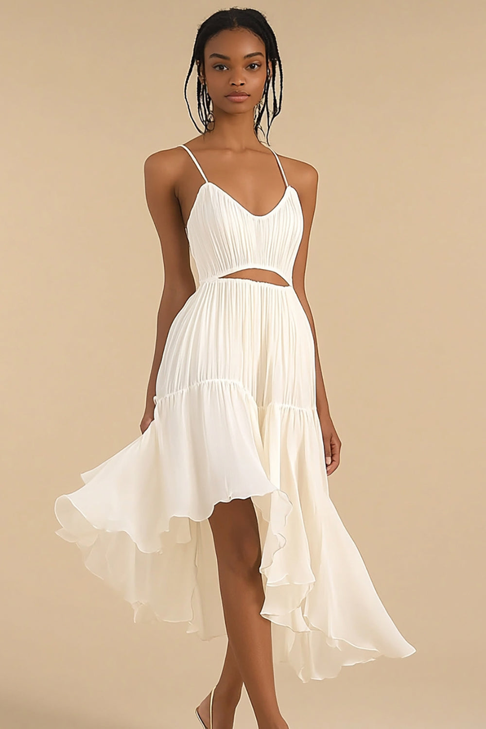Ivory Chiffon High-Low A Line Graduation Dress with Ruffles