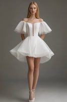Load image into Gallery viewer, White Organza Off The Shoulder Short A Line Graduation Dress