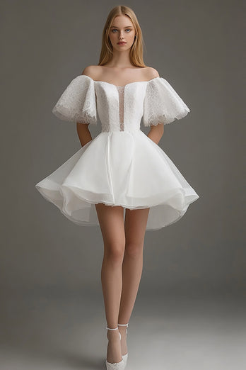 White Organza Off The Shoulder Short A Line Graduation Dress