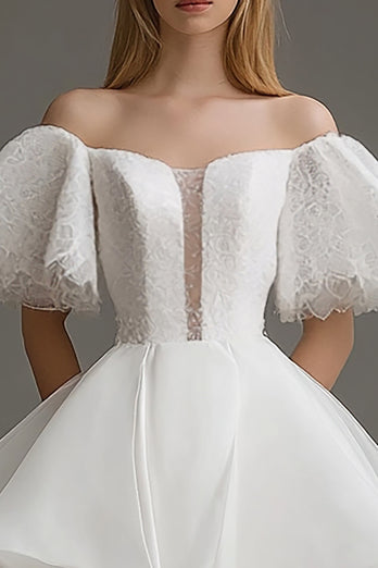 White Organza Off The Shoulder Short A Line Graduation Dress