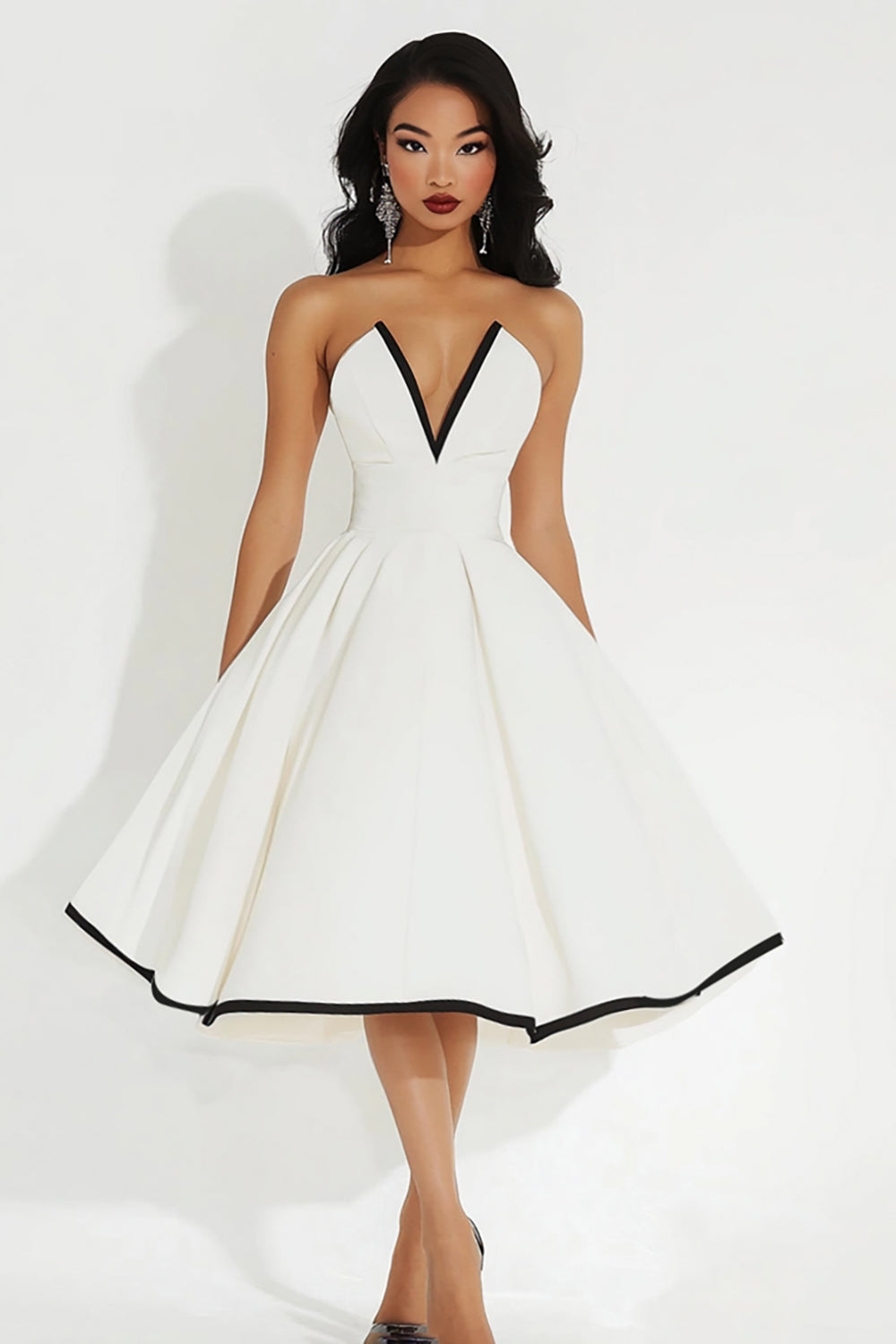 White Satin Midi V Neck A Line Graduation Dress