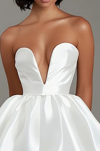 White Satin V Neck A Line Short Graduation Dress