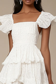 Ivory Square Neck A Line Midi Graduation Dress with Ruffles