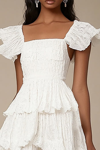 Ivory Square Neck A Line Midi Graduation Dress with Ruffles