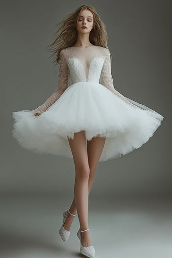 White Tulle Short Illusion Neck Long Sleeves A Line Graduation Dress