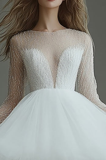 White Tulle Short Illusion Neck Long Sleeves A Line Graduation Dress
