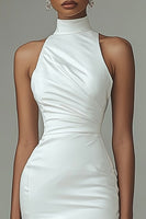 Load image into Gallery viewer, White Satin Asymmetrical High Neck Bodycon Graduation Dress