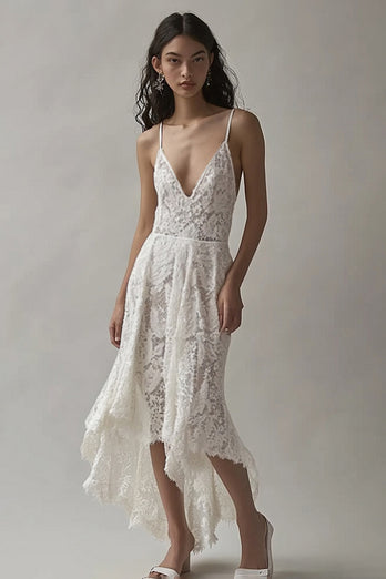 Ivory Lace V Neck High-Low Engagement Dress