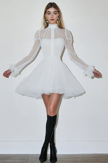 White High Neck A Line Long Sleeves Graduation Dress