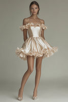 Load image into Gallery viewer, Champagne Off the Shoulder Satin Short Graduation Dress with Ruffles