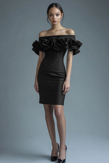 Black Satin Short Bodycon Cocktail Dress with Ruffles