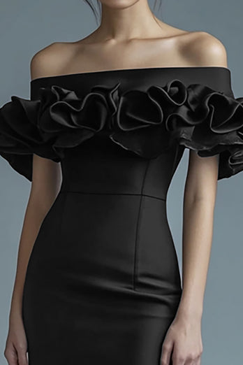 Black Satin Short Bodycon Cocktail Dress with Ruffles