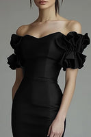 Load image into Gallery viewer, Black Midi Satin Bodycon Formal Dress with Ruffles
