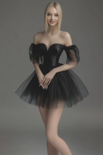 Black Tulle Off The Shoulder Short A Line Cocktail Dress