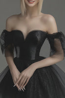 Load image into Gallery viewer, Black Tulle Off The Shoulder Short A Line Cocktail Dress