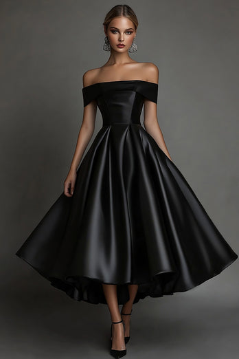 Black A Line Off The Shoulder Long Satin Formal Dress