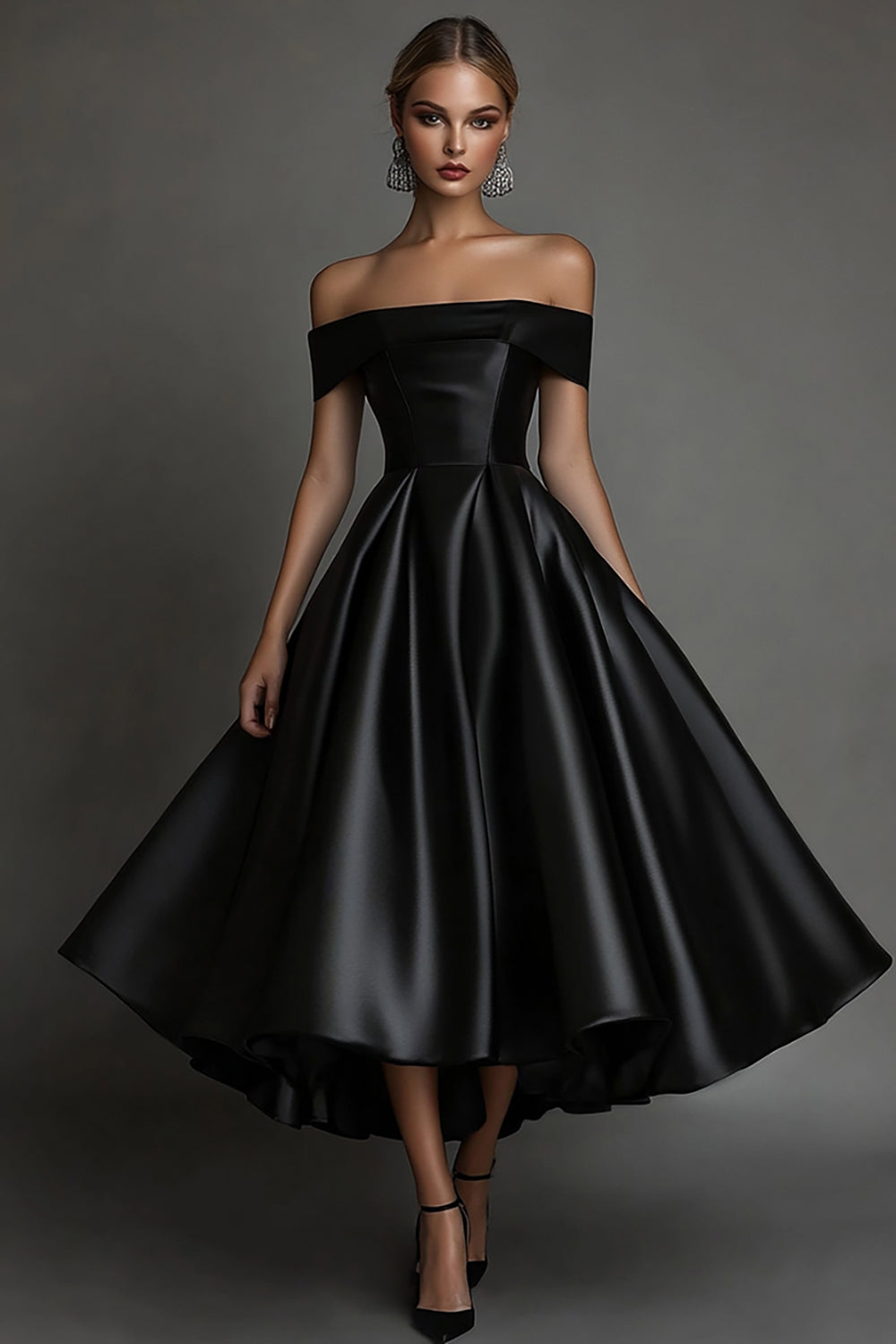 Black A Line Off The Shoulder Long Satin Formal Dress