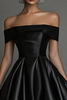 Load image into Gallery viewer, Black A Line Off The Shoulder Long Satin Formal Dress
