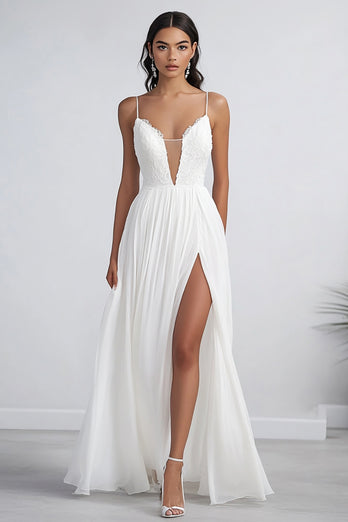 White Chiffon Long A Line Engagement Dress with Slit