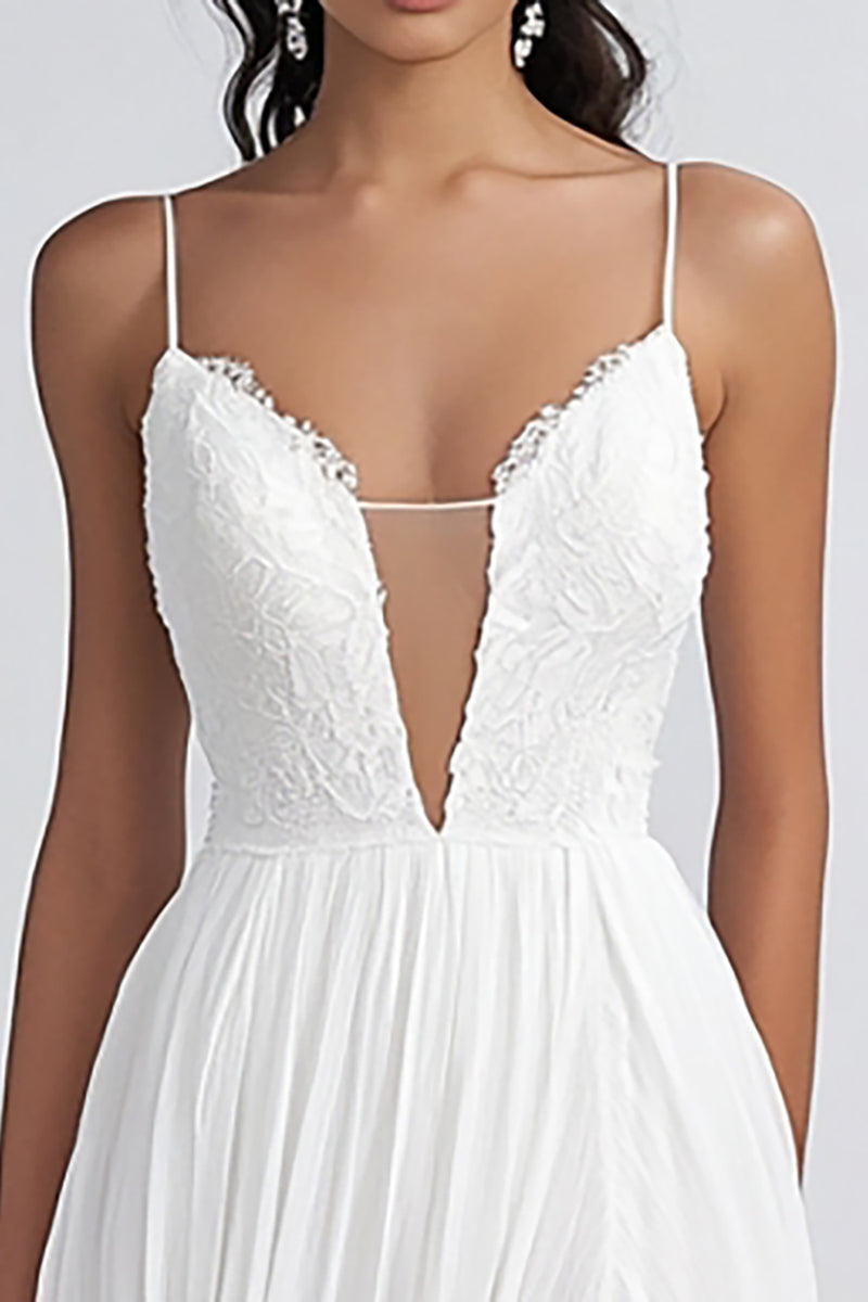 Load image into Gallery viewer, White Chiffon Long A Line Engagement Dress with Slit