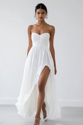 White Chiffon Sweetheart Long A Line Engagement Dress with Slit