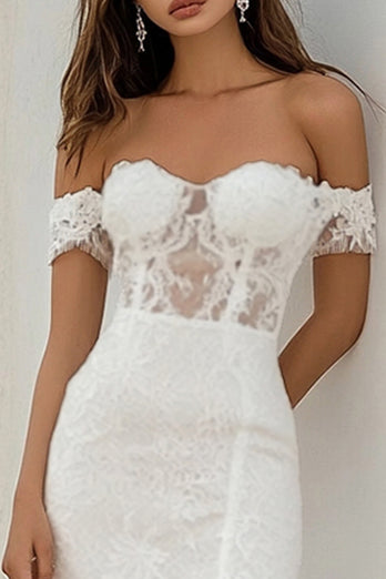 White Lace Long Sheath Engagement Dress with Slit