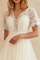 Load image into Gallery viewer, Ivory Chiffon V Neck Midi A Line Graduation Dress with Lace