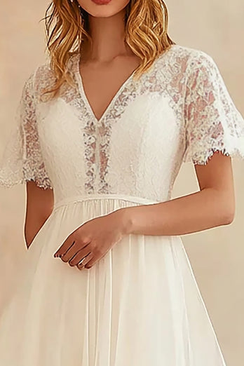 Ivory Chiffon V Neck Midi A Line Graduation Dress with Lace
