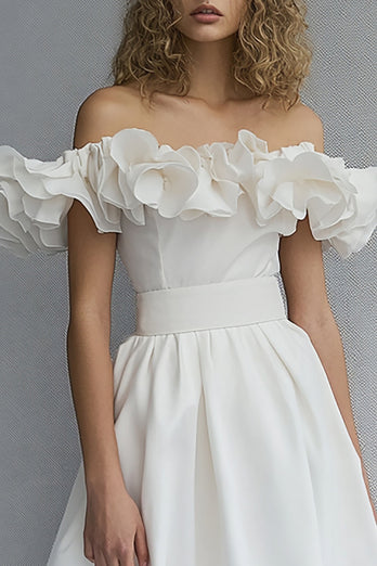 White Off The Shoulder Midi A Line Graduation Dress with Ruffles