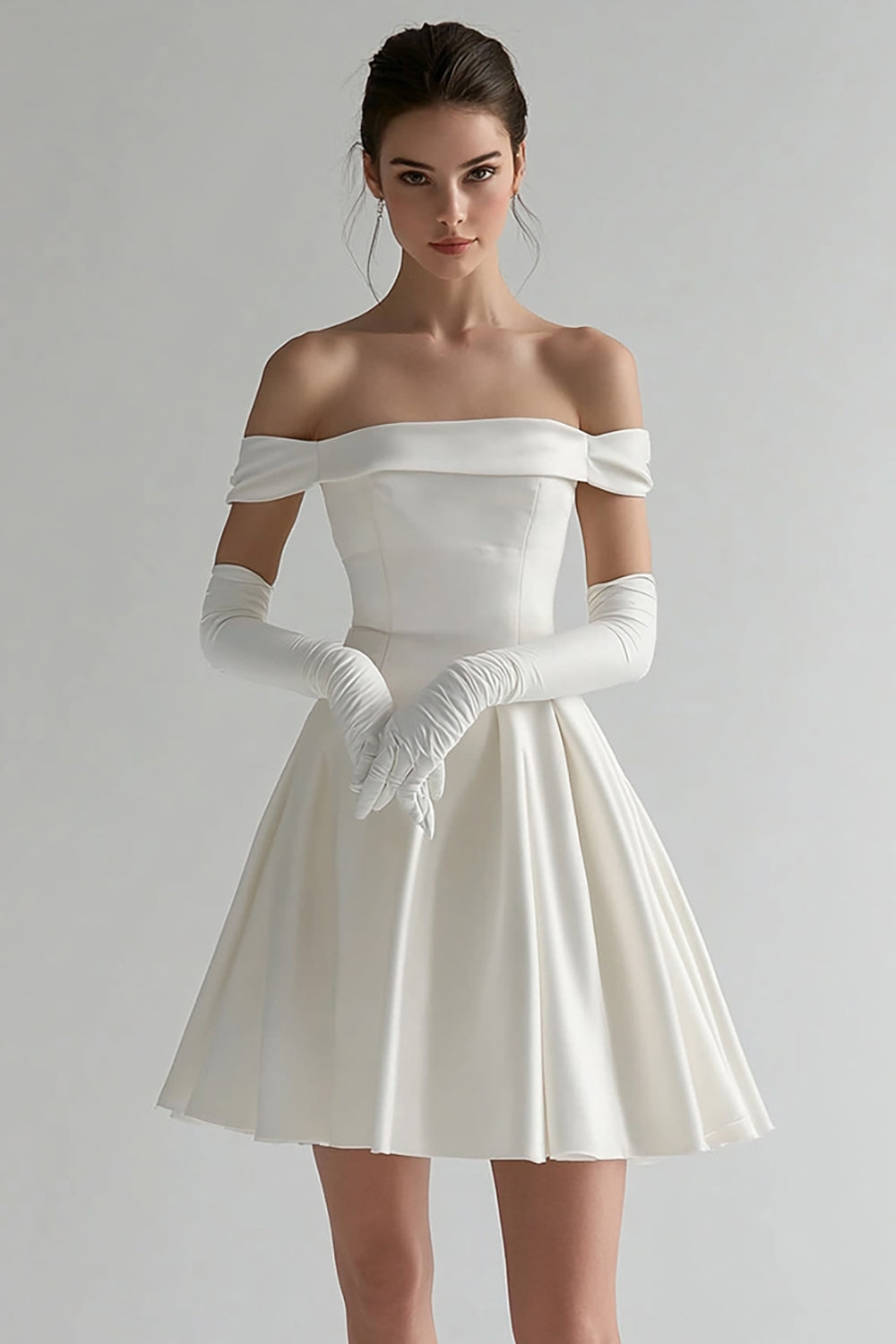 White Satin Off The Shoulder Short A Line Graduation Dress