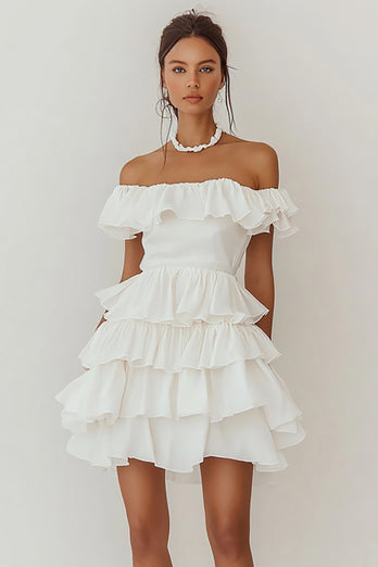 White Short Chiffon A Line Graduation Dress with Ruffles