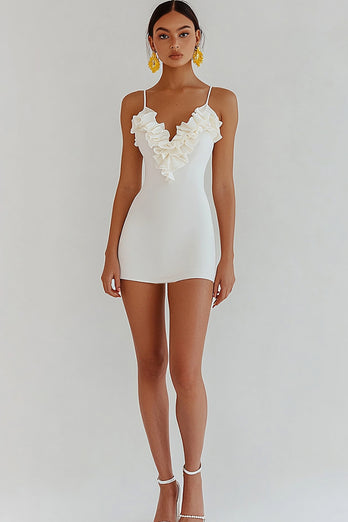 White Short Bodycon Graduation Dress with Ruffles