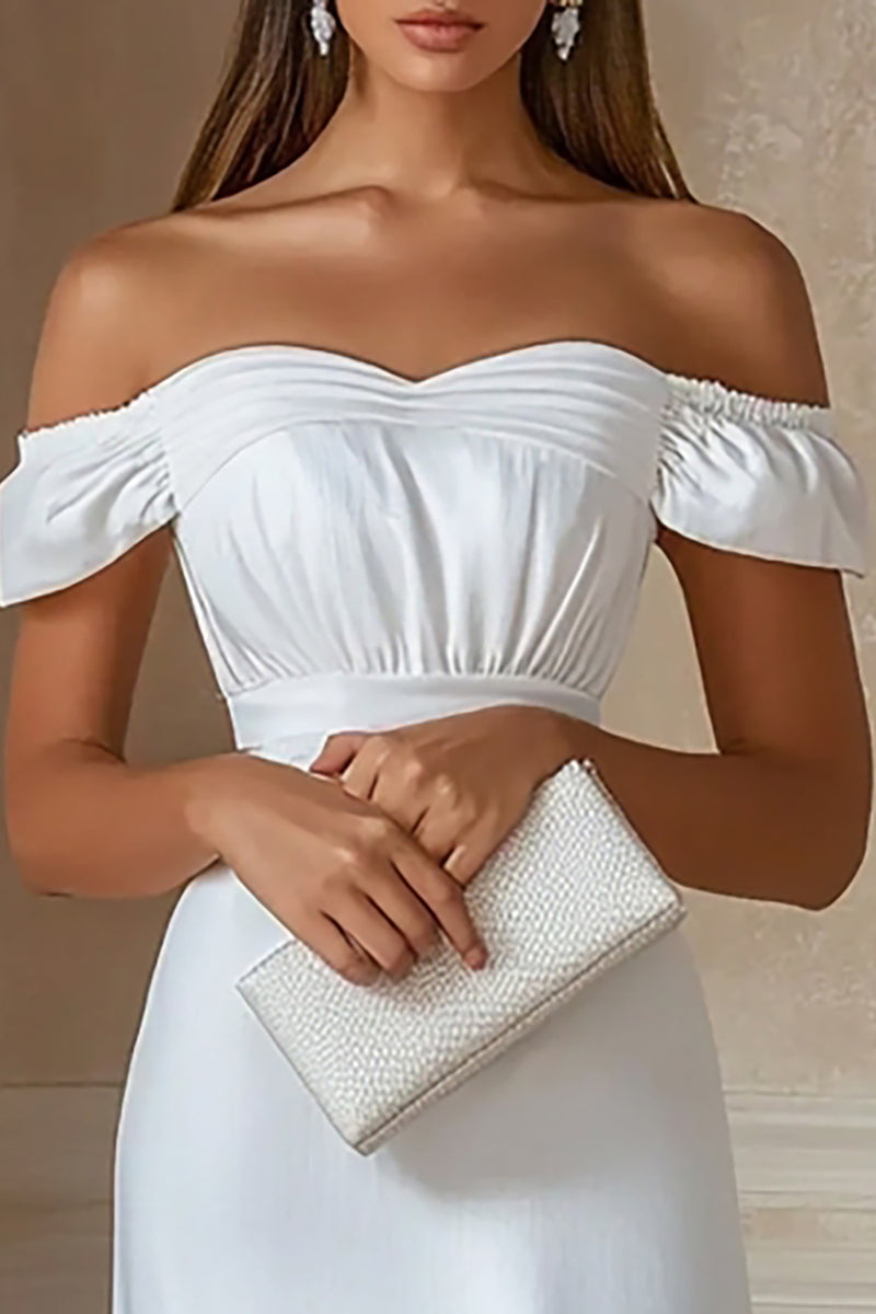 Load image into Gallery viewer, White Satin Off The Shoulder Midi A Line Graduation Dress