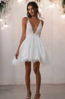 Load image into Gallery viewer, Tulle White V Neck Short A Line Graduation Dress with Lace
