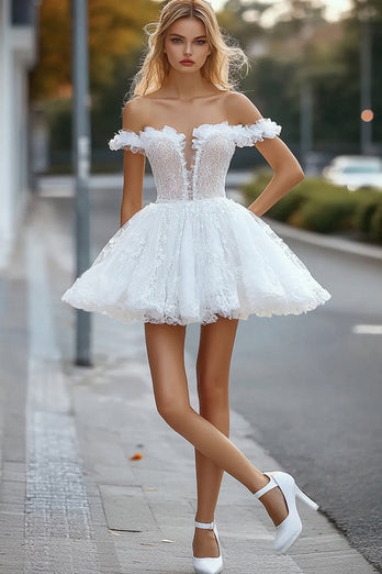White A Line Off the Shoulder Mini Graduation Dress with Ruffles