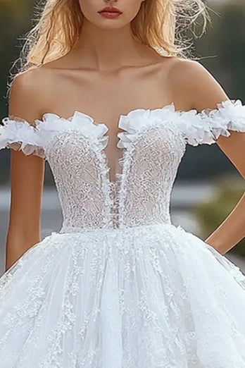 White A Line Off the Shoulder Mini Graduation Dress with Ruffles