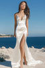 Load image into Gallery viewer, White Sheath Spaghetti Straps Satin Long Rehearsal Dinner Dress with Slit