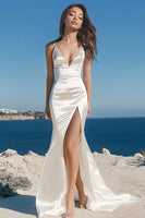 Load image into Gallery viewer, White Sheath Spaghetti Straps Satin Long Rehearsal Dinner Dress with Slit