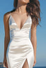 Load image into Gallery viewer, White Sheath Spaghetti Straps Satin Long Rehearsal Dinner Dress with Slit