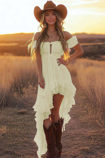 Pink Chiffon Off the Shoulder Asymmetrical Graduation Dress with Ruffles